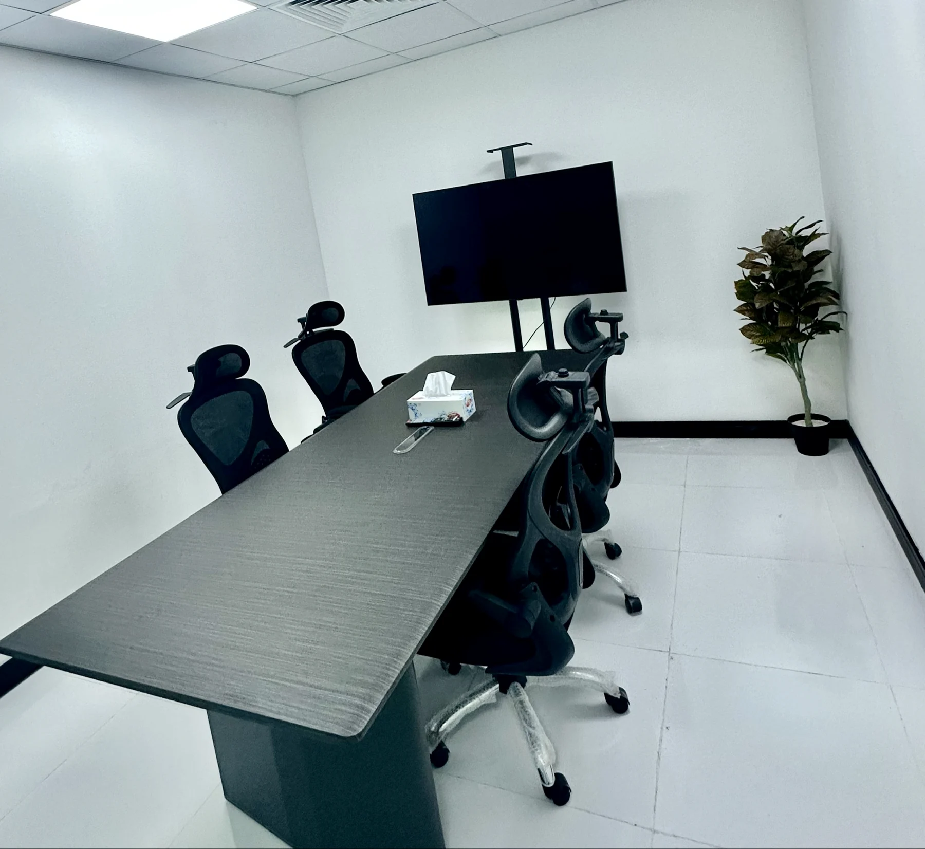 Orion Star meeting room with conference table, screen and seating